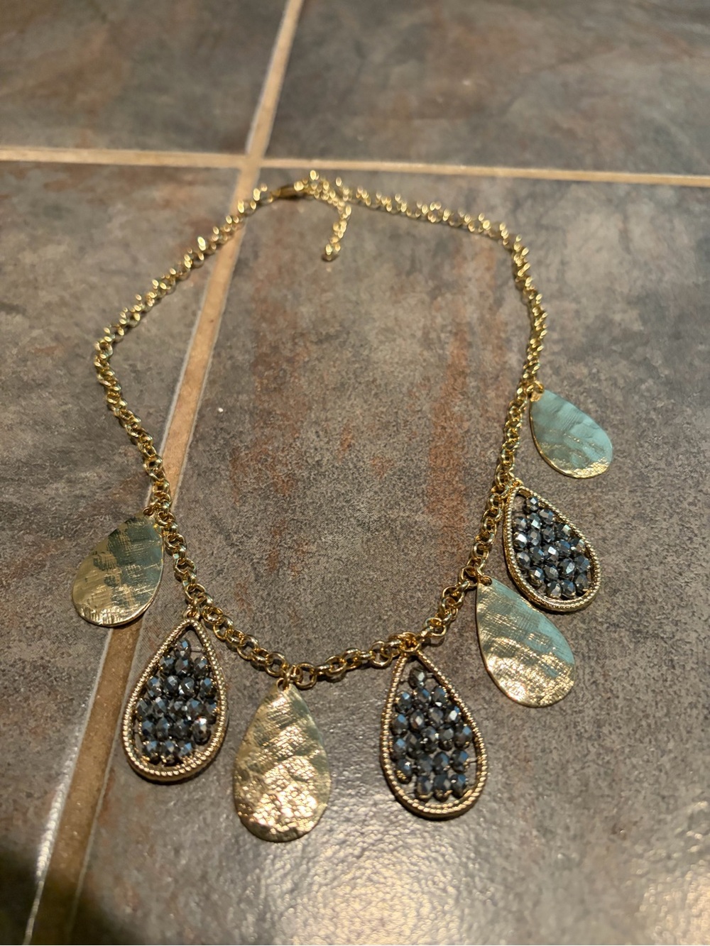 Gold Teardrop Statement Necklace with Black- Gray Crystal Accents, never worn